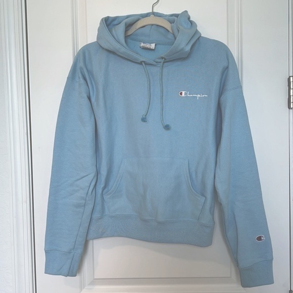 Champion Reverse Weave Vintage Logo Hoodie Pullover Sweatshirt Light Blue - Picture 1 of 7